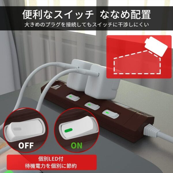 [SAYBOUR]USB付き 電源タップ【3AC個口 延長コード (2M, 茶)】 - 画像 (3)